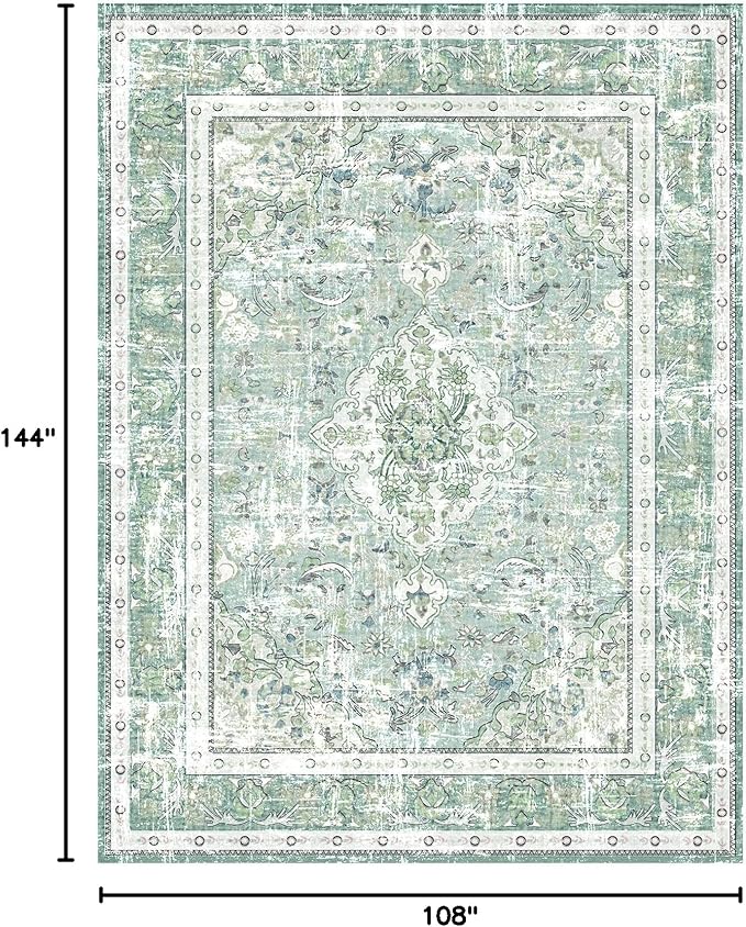 Vhong Boho Area Rugs Vintage Washable Modern Neutral Large Carpet Sage Green 9×12 High Traffic Rugs for Dinning Room Living Room Bedroom Farmhouse Non Slip