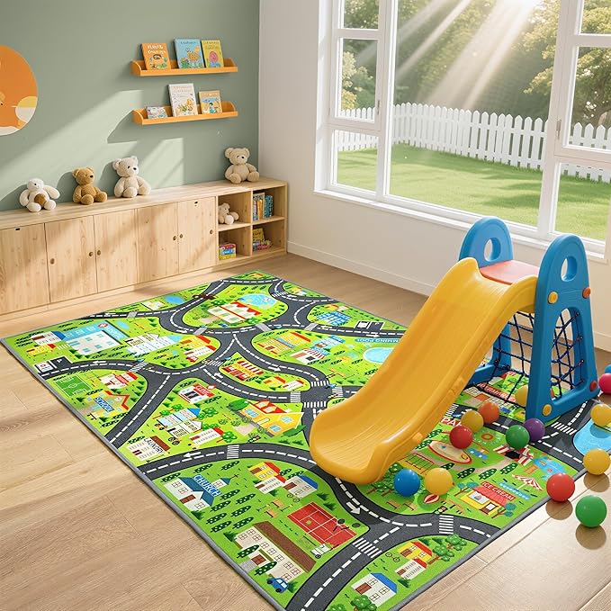 Community Helpers Play Rug – Educational Kids Carpet with Fire Station, School, Park & More for Learning and Play, Ideal for Playroom Classroom Bedroom Nursery, 60"x36"