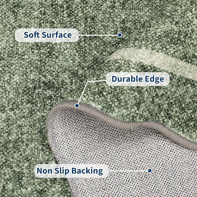 GarveeHome Scalloped 3x5 Area Rug Washable Rug for Entryway, Super Soft Entryway Rug Non-Slip, Printed Faux Wool Floral 3x5 Area Rug Thin Floor Carpet for Kitchen, Bedroom, Office, Living Room, Green