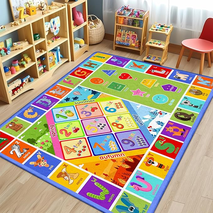 Kids Rug for Classroom & Playroom - ABC Alphabet Educational Area Rug with Animals Numbers & Shapes - Non-Slip Carpet Playmat for Nursery Preschool Elementary 6x9 Feet