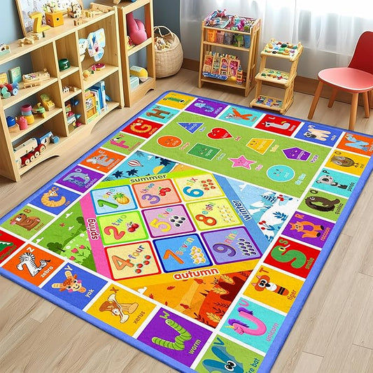 Kids Rug for Classroom & Playroom - ABC Alphabet Educational Area Rug with Animals Numbers & Shapes - Non-Slip Carpet Playmat for Nursery Preschool Elementary 6x9 Feet