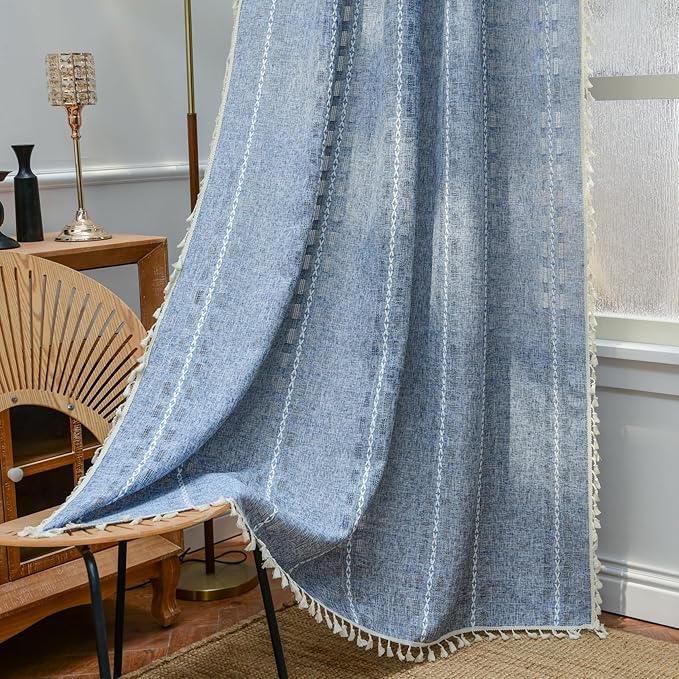 Deeprove Denim Blue Boho Curtain 96 inches Length for Bedroom Dining Room, Rustic Country Bohemian Sheer 96 inches Long Stripe Embroidery Privacy Window Tassel Cottage Decor W52 x L96, 1 Panel
