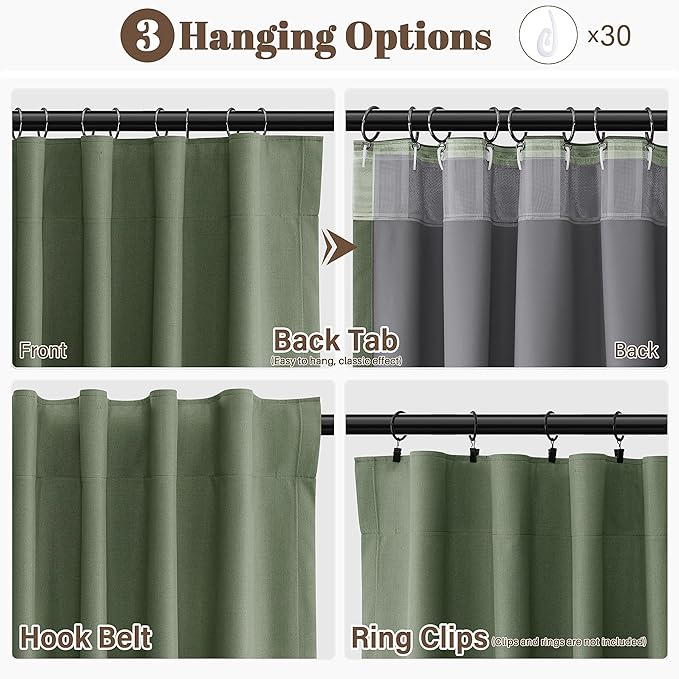 Guken Olive Green 100% Blackout Linen Curtains 132 Inch Length 2 Panels Set for Living Room Bedroom Back Tab Hook Belt Black Out Thermal Insulated Sound Reducing Room Darkening Window Drapes 52x132