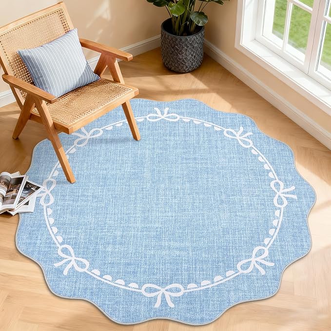 GarveeHome Scalloped Bow Rug for Living Room, 4ft Round Rugs Washable Solid Blue Rug for Dorm Soft Low Pile Non Slip Scalloped Rugs for Nursery Bedroom Decor Kids Room Playroom