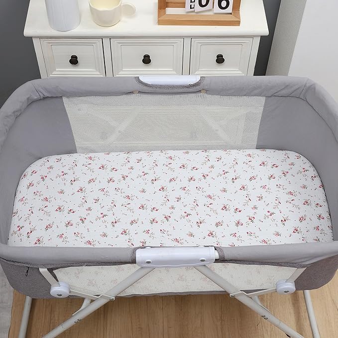 Onacosht Muslin Bassinet Sheets 3 Pack, 100% Cotton Baby Fitted Sheet 33" x 19" Compatible with Mika Micky, KoolaBaby (3 in 1), BabyBond, HARPPA and RICUTON Bedside Bassinet, Solid Pink and Floral