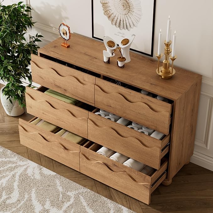 Scalloped Dresser for Bedroom with 6 Drawers, 47" Wide Modern Chest of Drawers with Hidden Handle, Fluted Wood Closet Clothes Storage Organizer, Wooden Dresser for Living Room, Hallway, Natural Oak
