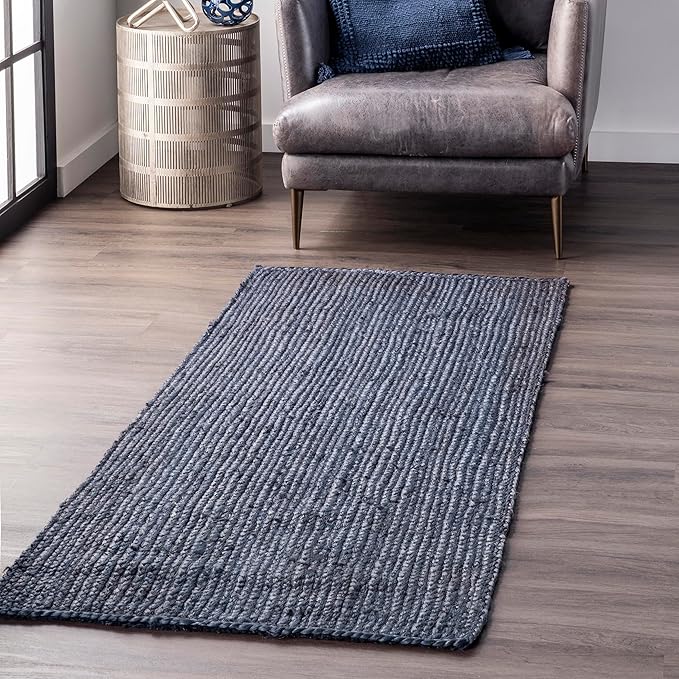 nuLOOM 2x10 Rigo Jute Hand Woven Area Rug, Navy, Solid Farmhouse Design, Natural Fiber, For Bedroom, Living Room, Dining Room, Hallway, Office, Kitchen, Entryway