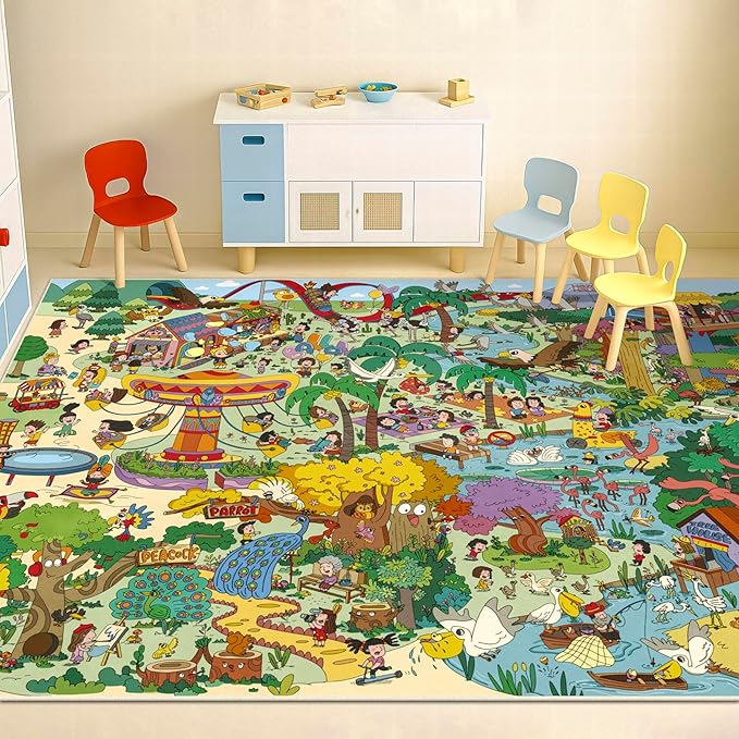 Whimsical Jungle Rug 6x9 for Kids Playroom – Bright Animal Safari, Forest & Playground Scene – Perfect for Classrooms or Play Corners