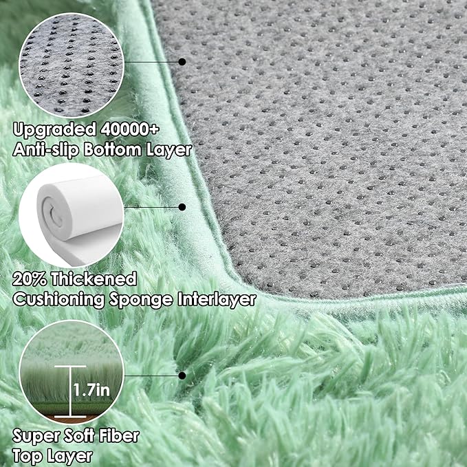 ONASAR Sage Green 3x5 Rugs for Bedroom, Fluffy Bedside Area Rug, Washable Soft Plush Shaggy Small Floor Throw Carpets for Living Room Preppy Dorm Teen Kids Girls Boy Baby Nursery Home Decor Aesthetic