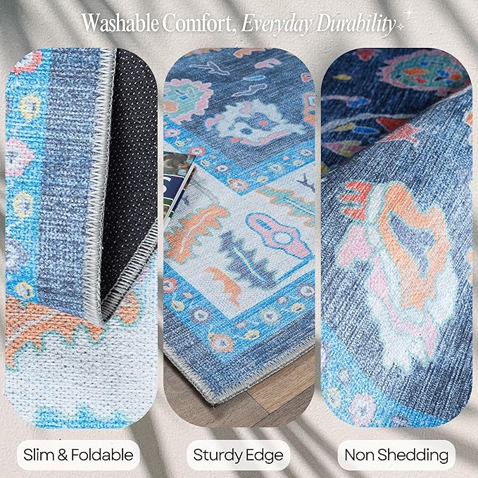 Fame Rugs Blue Modern Oushak Rug 2'6"x7', Washable Vintage Turkish Colorful Oriental Antique Inspired Foldable Small Runner Rugs, Luxury Living Room Bedroom (387BNB, 2'6" x 7')