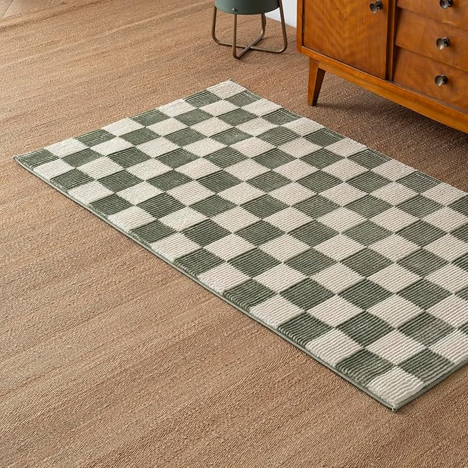 Revival Rugs Gambit 3'x5' Checkered Rug Machine Washable Area Rug for Kitchen Bedroom - 100% Recycled Oeko-TEX Certified, Medium Pile, Green, Beige