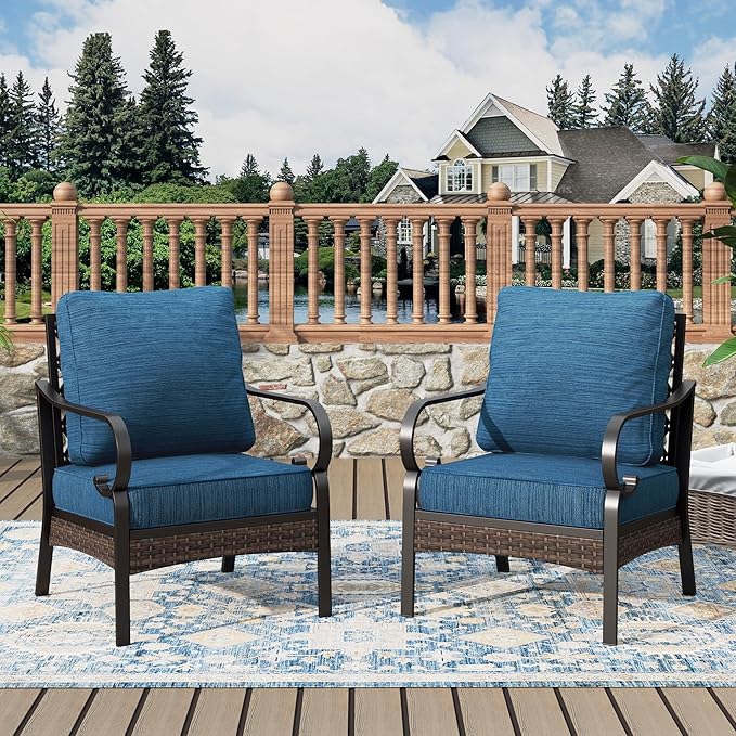 Outdoor Patio Leg Sofa Chairs Set of 2 Steel Frame Porch Furniture with Deep Seating and 5.75" Cushions for Lawn Backyard Deck, Peacock Blue