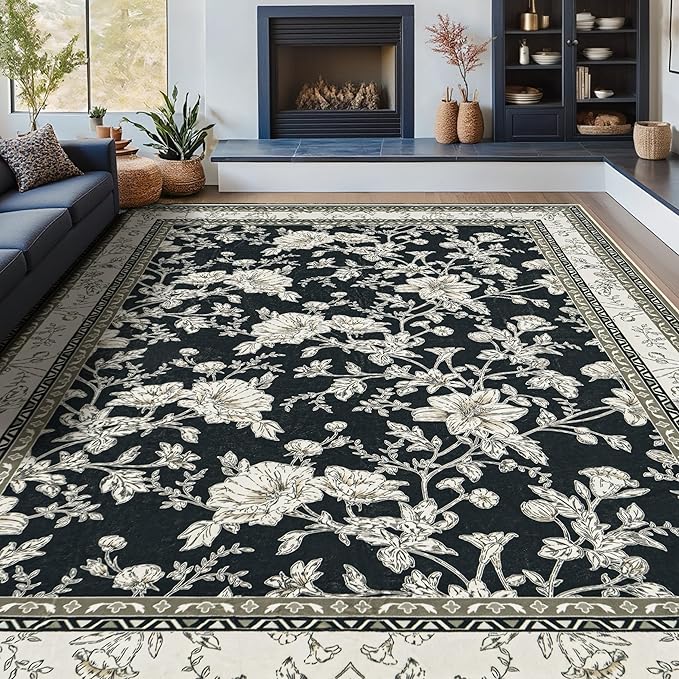 Large Black and Beige Area Rug 9x12 for Living Room Large Charcoal Cream Taupe Pattern Modern Boho for Bedroom Soft Vintage Area Rug Farmhouse Floral Carpet for Dining Room Guest Bedroom Home Decor