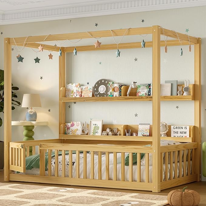 Polibi Twin Size Montessori Floor Bed with Guardrails, Low Profile Solid Wood Canopy Frame with Built-in Shelves, No Box Spring Needed, for Kids, Natural