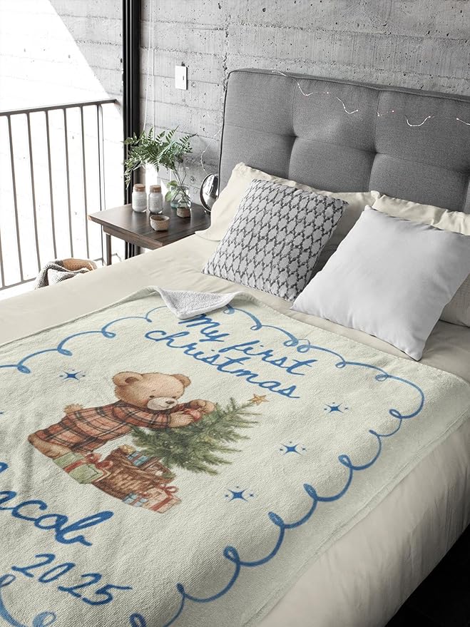 Personalized Baby's First Christmas Blanket, Custom Doodle Bear Boy Baby Name Christmas Blanket, Soft Fleece Or Sherpa Throw, Baby Shower, Made in USA