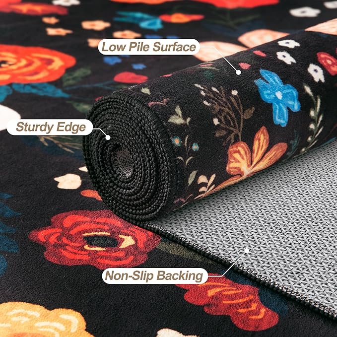 Tangsoo 5x7 Area Rug for Living Room Bedroom, Non Slip Machine Washable Boho Floral Rug, Low Pile Large Floor Carpet Indoor Mats for Kids Room, Farmhouse, Dining Room, Office(Black)
