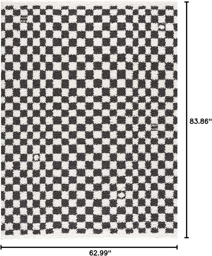 Hauteloom Kieu Contemporary Checkered Fluffy Shag Area Rug - Modern Geometric Soft Carpet Tiles for Living Room, Kids Room, Nursery - Black, White - 5'3" x 7'