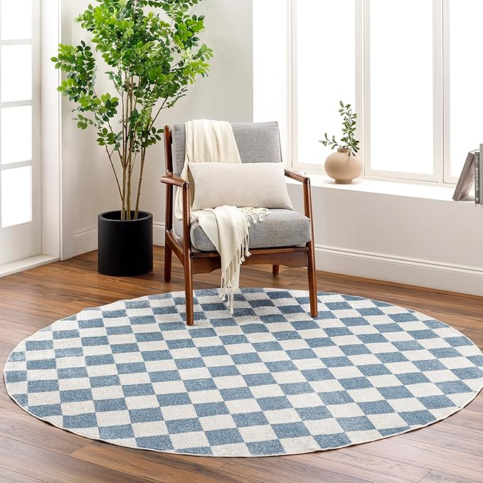 Mark&Day Washable Rugs, 5x7 Shaquina Modern Pale Blue Checkered Rug, Blue Ivory Carpet for Living Room, Bedroom or Kitchen (5'3" x 7', Machine Washable)