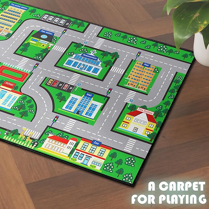 Fun Car Play Area Carpet Car Mat 3x4 Play Rug for Playroom Town City Road Map for Bedroom Non-Slip Washable