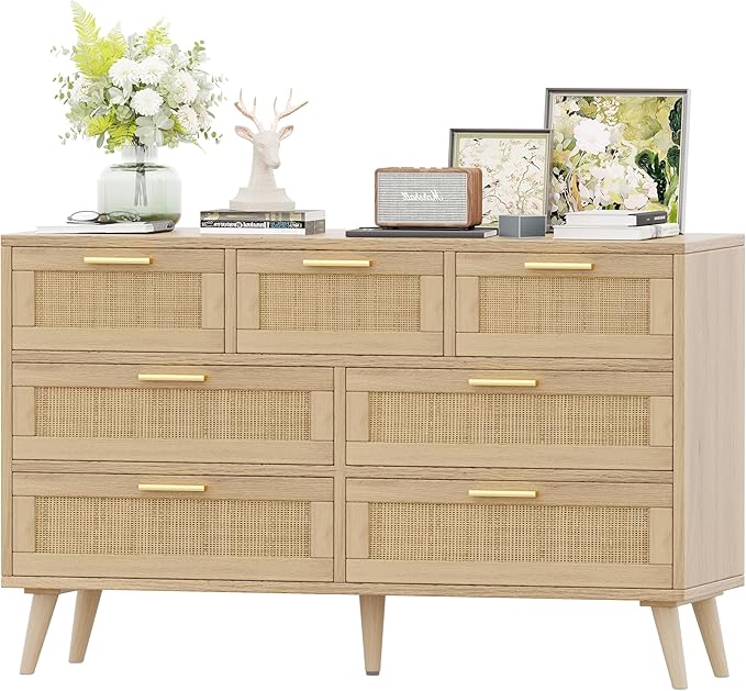 Rovaurx 7 Drawer Double Dresser for Bedroom, Rattan Chest of Dressers, Modern Wooden Dresser Chest with Golden Handles, Beside Table for Closet, Living Room and Entryway, Natural RDG004M