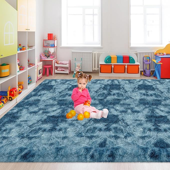Modern Plush Shaggy 8x10 Large Rug for Living Room Tie Dyed Blue Fluffy Fuzzy Area Rug for Bedroom Aesthetic Big Shag Carpet for Nursery, Playroom, Kids Boys Girls Room
