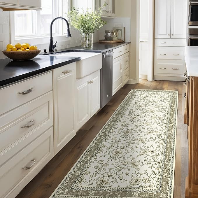 Beige Tan Neutral Boho Washable 3x8 Extra Long Hallway Runner Rug, Extra Large Kitchen Floor Rug Indoor Entryway Non-Slip Low Pile Machine Washable, Farmhouse Light Taupe Pattern Floral Design