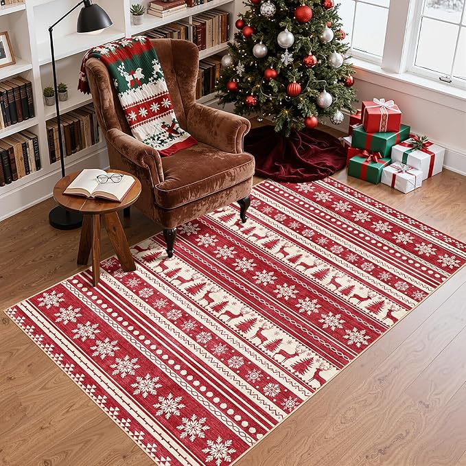 Area Rugs for Living Room Washable Living Room Rug Soft Neutral Indoor Floor Carpet Non-Slip Stain Resistant Modern Boho Rugs for Bedroom Dining Room Kids Room Nursery Office Home Red