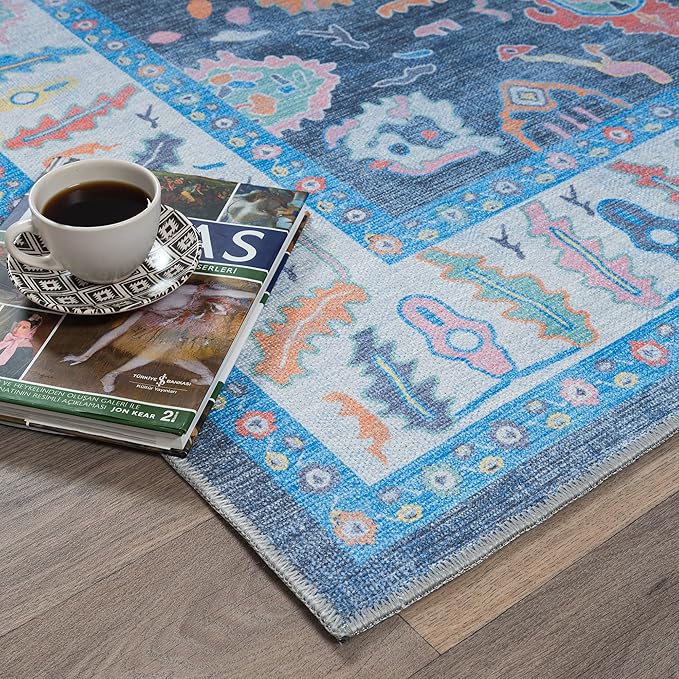 Fame Rugs Blue Modern Oushak Rug 2'6"x7', Washable Vintage Turkish Colorful Oriental Antique Inspired Foldable Small Runner Rugs, Luxury Living Room Bedroom (387BNB, 2'6" x 7')