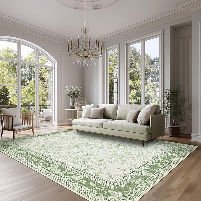 Sage Green and Cream Rug 10x14 Living Room Machine Washable Area Rugs Vintage Boho Farmhouse Sketch Style Floral Extra Large for Bedroom Non Slip Soft Carpet for Dining Room Playroom Floor Covering