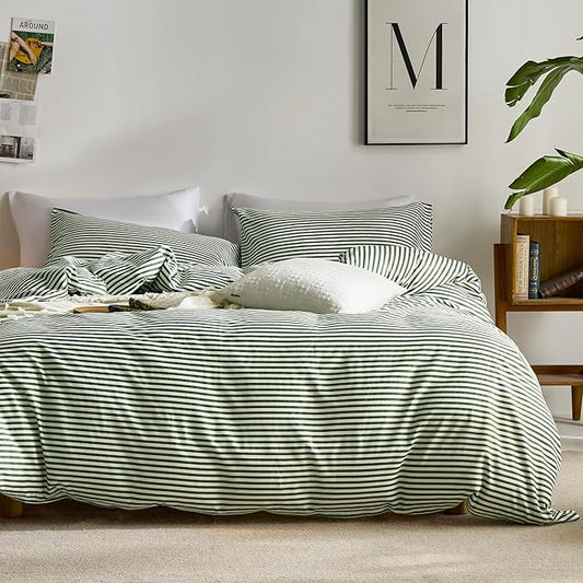 JELLYMONI 100% Natural Cotton 2pcs Striped Duvet Cover Sets,White Duvet Cover with Green Stripes Pattern Printed Comforter Cover,with Zipper Closure & Corner Ties(Twin Size)