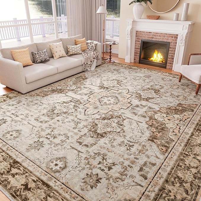 AMTOVO 8x10 Area Rugs for Living Room, Large Non-Slip Washable Rug, Boho Vintage Retro Medallion Print Pattern Carpet for Bedroom Dining Room Home Office Nursery Dorm Farmhouse, Light Brown