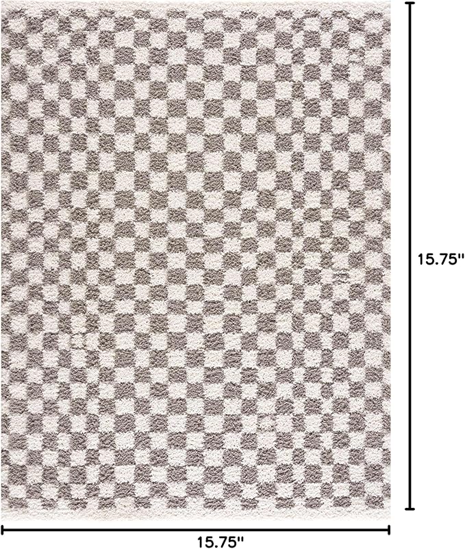 Hauteloom Kieu Contemporary Checkered Fluffy Shag Area Rug - Modern Geometric Soft Carpet Tiles for Living Room, Kids Room, Nursery - Light Gray, Taupe, Gray - 18" Sample