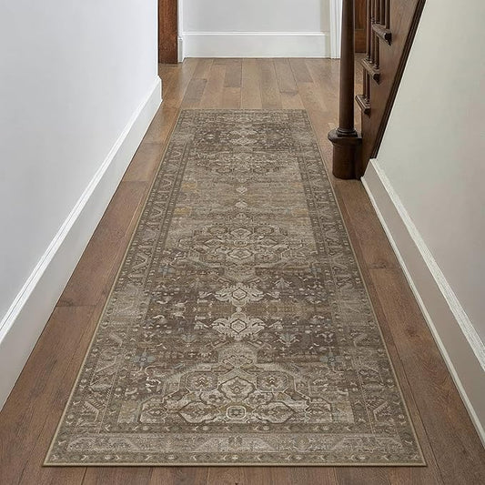 2x8 Brown Washable Vintage Runner Rug for Living Room Bedroom Non Slip Distressed Traditional Soft Runner Rug Low Pile Lightweight Floral Runner Kitchen Hallway Balcony