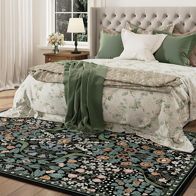 5x7 Green Floral Washable Area Rug for Living Room, Non-Slip Soft Vintage Boho Carpet, Botanical Forest Green Low Pile Rugs for Bedroom, Dinning Room, Dorm, Nursery, Black and Green