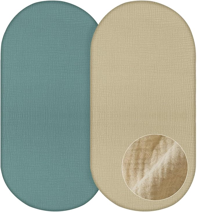 Basumee Muslin Bassinet Sheets for Baby Girl Boy 2 Pack Soft Breathable Baby Bedside Bassinet Fitted Sheets with Bottom Elastic Band 33''x17''x4'' Mattress Cover for Rectangle Oval Hourglass Bassinets