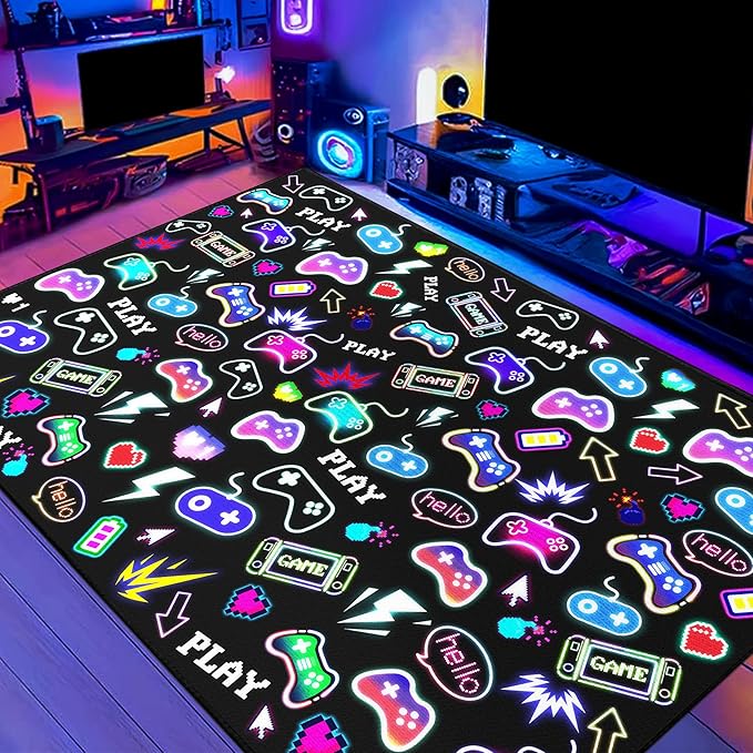 59"x39" Gaming Play Rug for Bedroom, Gaming Controller Mat Gamepad for Playroom, Gamer Décor for Game Lover Washable Carpet,Black