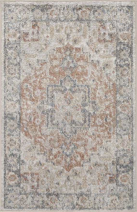 Mark&Day Washable Rugs, 2x3 Hollenberg Traditional Burnt Orange Area Rug, Orange Blue Beige Carpet for Living Room, Bedroom or Kitchen (2' x 3', Machine Washable)