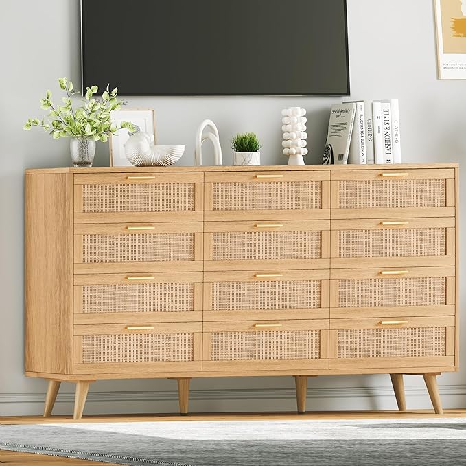 Rovaurx 12 Drawer Double Dresser for Bedroom, Rattan Chest of Dressers, Modern Wooden Dresser Chest with Golden Handles, Beside Table for Closet, Living Room and Entryway, Natural