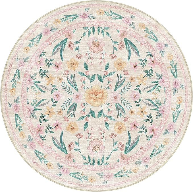 Pink Floral Round Rug 5ft, Washable Boho Circle Area Rug for Girls Bedroom, Soft Non-Slip Botanical Carpet for Nursery, Kids Room, or Living Room