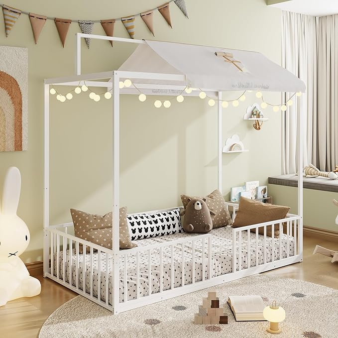 Harper & Bright Designs Twin Floor Bed Frame with Canopy and Guardrails, Metal Montessori Floor Bed with High Fence, Canopy Bed for Kids with Sturdy Metal Slats Support, Easy Assembly,White