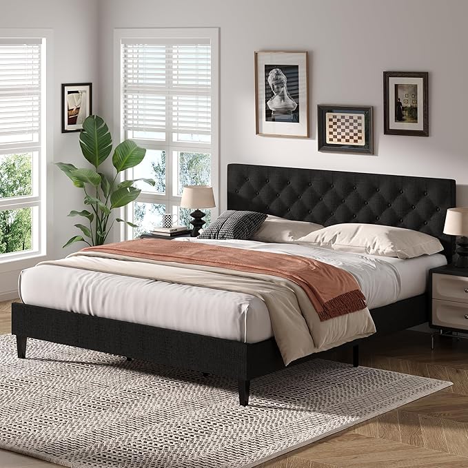 BarnFurin King Size Platform Bed Frame, Fabric Upholstered Bed with Button Tufted Headboard, Adjustable Headboard Design, Easy Assembly, No Box Spring Required, Dark Grey