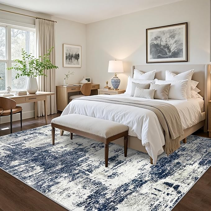 10x14 Area Rugs Living Room Rugs: Large Washable Rug with Anti-Slip Backing Non-Shedding Stain-Resistant Soft Abstract Carpet for Bedroom Dining Room Nursery Home Office-Blue/Gray