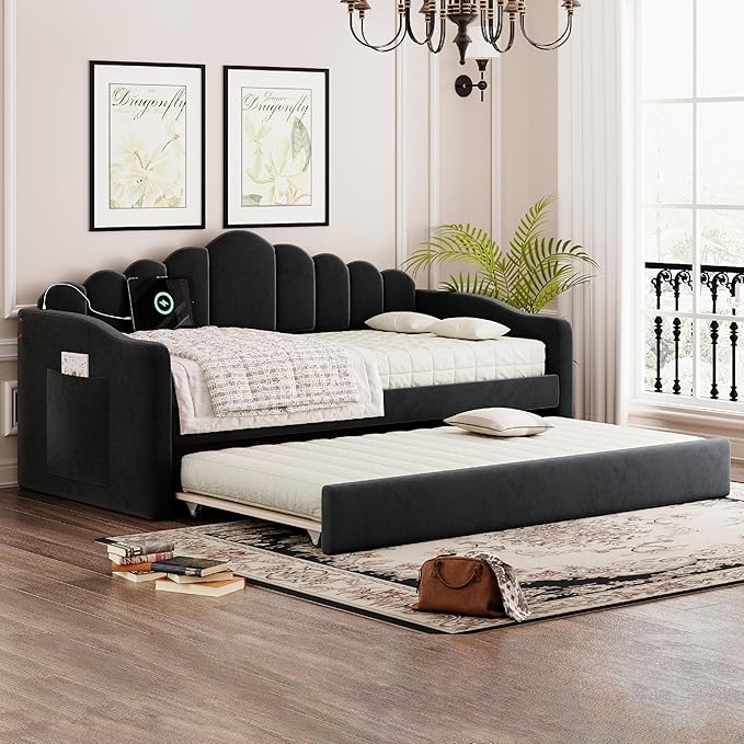 Bellemave Twin Size daybed Frame with Trundle for Adults, Kids, Girls, Teens, daybeds with Trundle for Living Room, Velvet, (Mattress not Included), Blcak