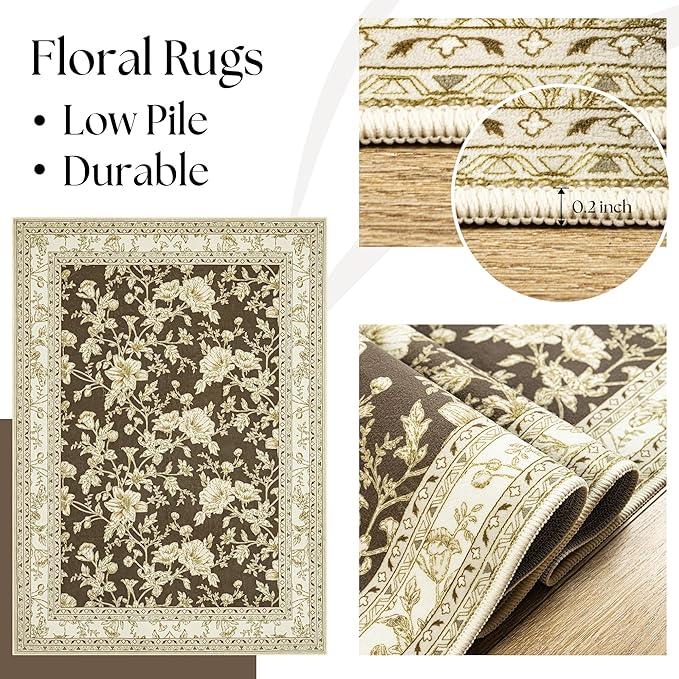 Brown Floral Print Area Rugs for Bedroom Living Room Boho Farmhouse Country Rustic Dining Room Carpet Soft Washable Rugs Non Slip Floor Covering for Nursery Playroom 10x14