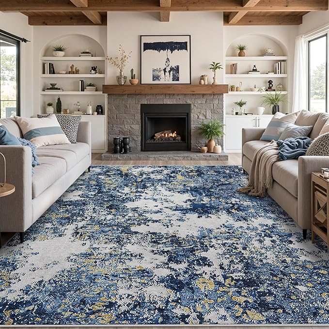 8x10 Area Rug for Living Room Bedroom: Large Washable Rug with Anti-Slip Backing Non-Shedding Stain-Resistant Soft Abstract Carpet for Dining Room Nursery Home Office (Blue/Multi)
