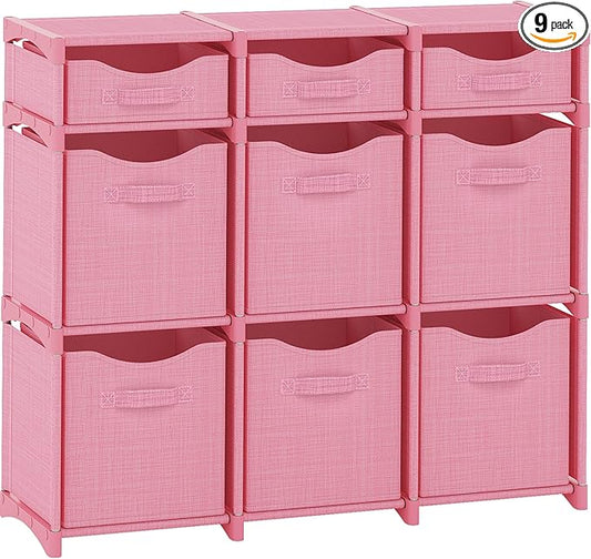9 Cube Closet Organizers And Storage | Includes All Storage Cube Bins | Easy To Assemble Closet Storage Unit With Drawers | Room Organizer For Clothes, Baby Closet Bedroom, Playroom, Dorm (Pink)