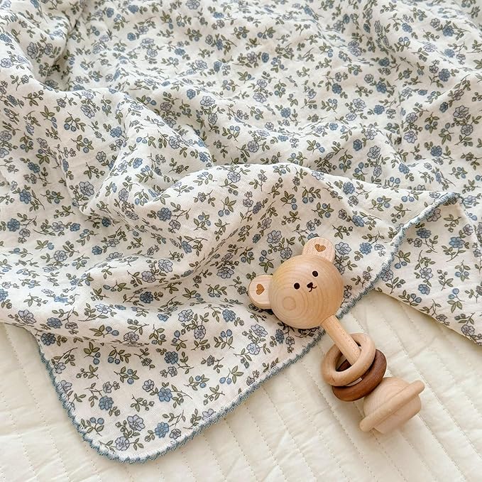 BuLuTu 100% Cotton Muslin Toddler Blanket for Girls Boys Shabby Chic Blue Floral Baby Blanket Soft Lightweight Toddler Bed Blankets Gauze Cotton Crib Quilt, 1 pc, 47"x51"
