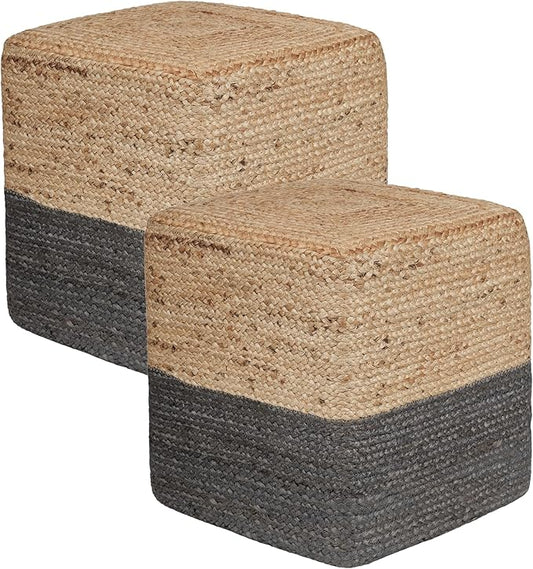 REDEARTH · Cube Pouf Foot Stool Ottoman - Jute Braided Pouffe Poof Accent Sitting Footrest for The Living Room, Bedroom, Nursery, Patio, Lounge & Other Rooms, Set of 2(14.5”X14.5”X16”; Natural Gray)