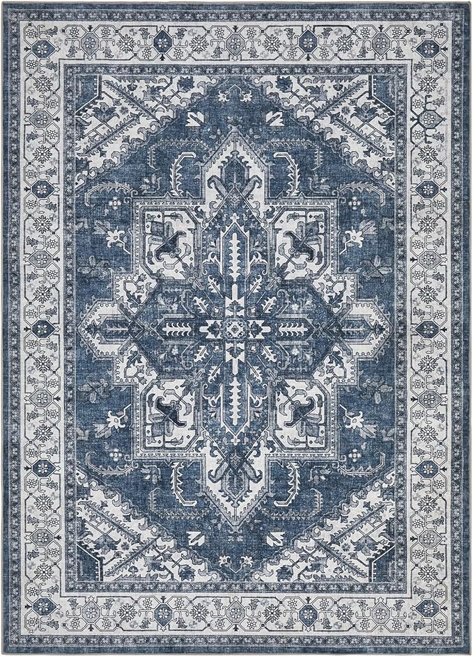 WITSHOCK Living Room Area Rugs 5x7: Washable Rug Boho Soft Non-Slip Low Pile Stain Resistant Foldable Carpet for Bedroom Playroom Dining Room Office Kitchen Farmhouse Home Decor Rug-Blue