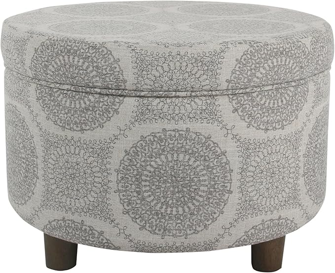 Homepop Home Decor | Upholstered Round Storage Ottoman | Ottoman with Storage for Living Room & Bedroom (Grey Medallion) 24.0 In. X 24.0 In. X 17.0 In.